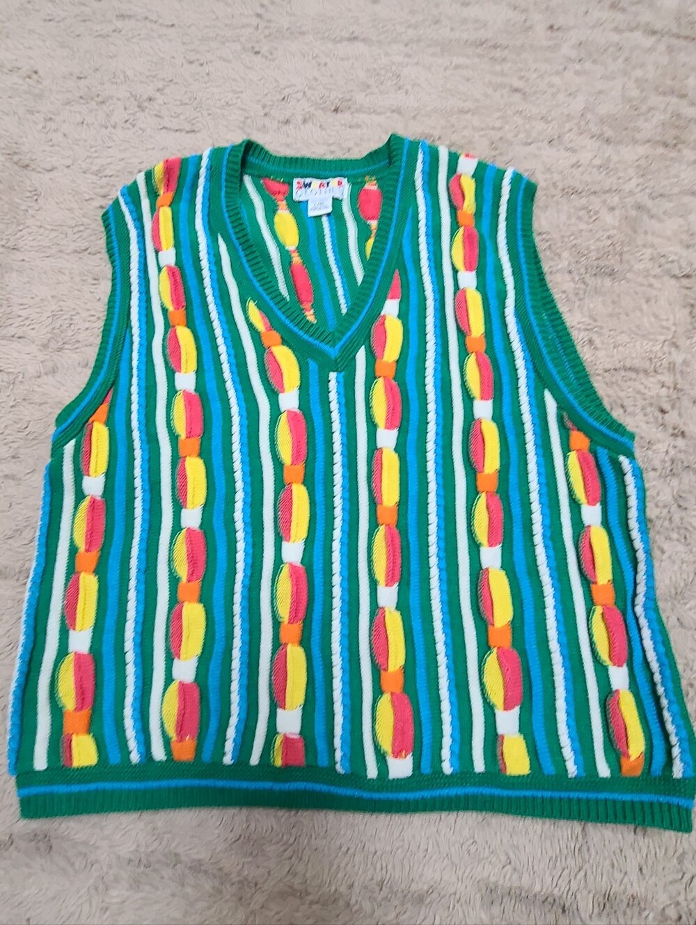 Sweater Clothes Green Multi-Color Striped V-Neck Sweater Vest Size Large, USA